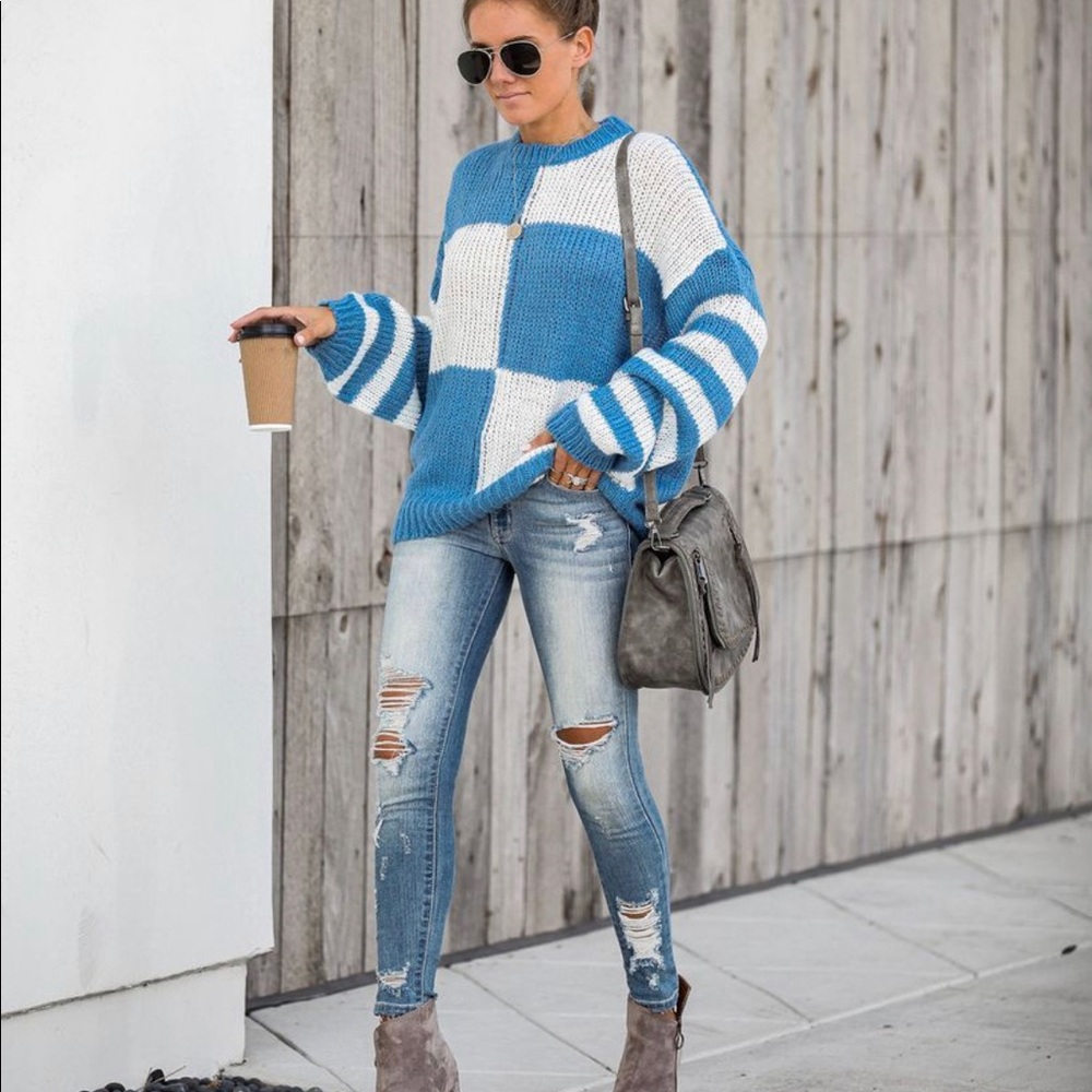 Tic Tac Toe Colorblock knit sweater.